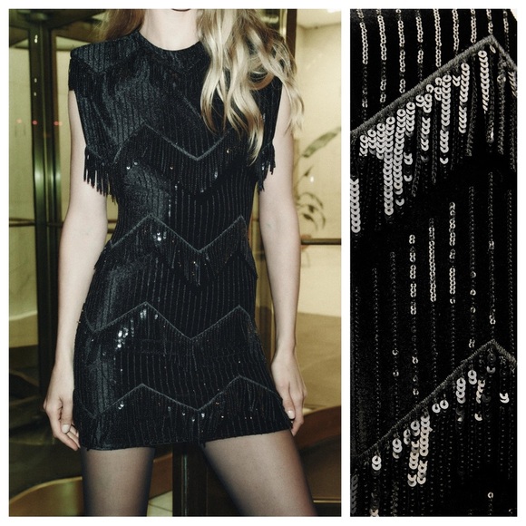 NWT. Zara Black Velvet Fringe and Sequin Mini Dress. Size M. - Picture 1 of 10